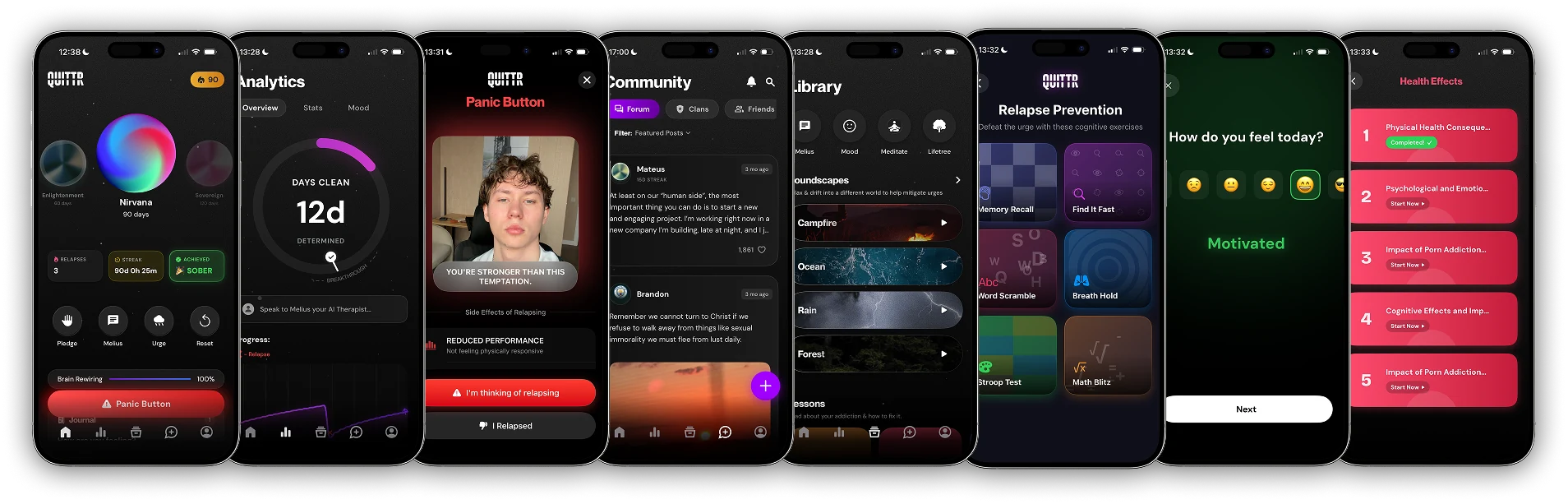 Eight QUITTR screens in a row: Home, Analytics, Panic Button, Community, Library, Relapse Prevention, mood check-in and Health Effects
