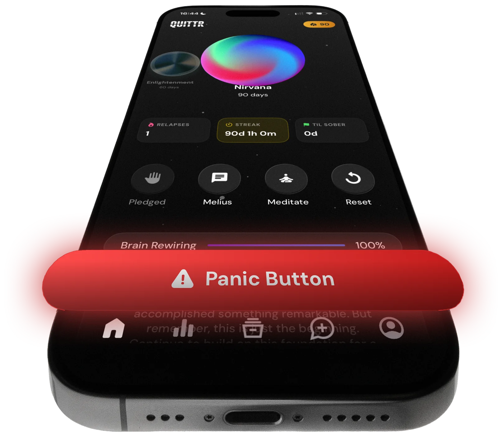 The QUITTR Home screen with the red Panic Button lifted off the phone