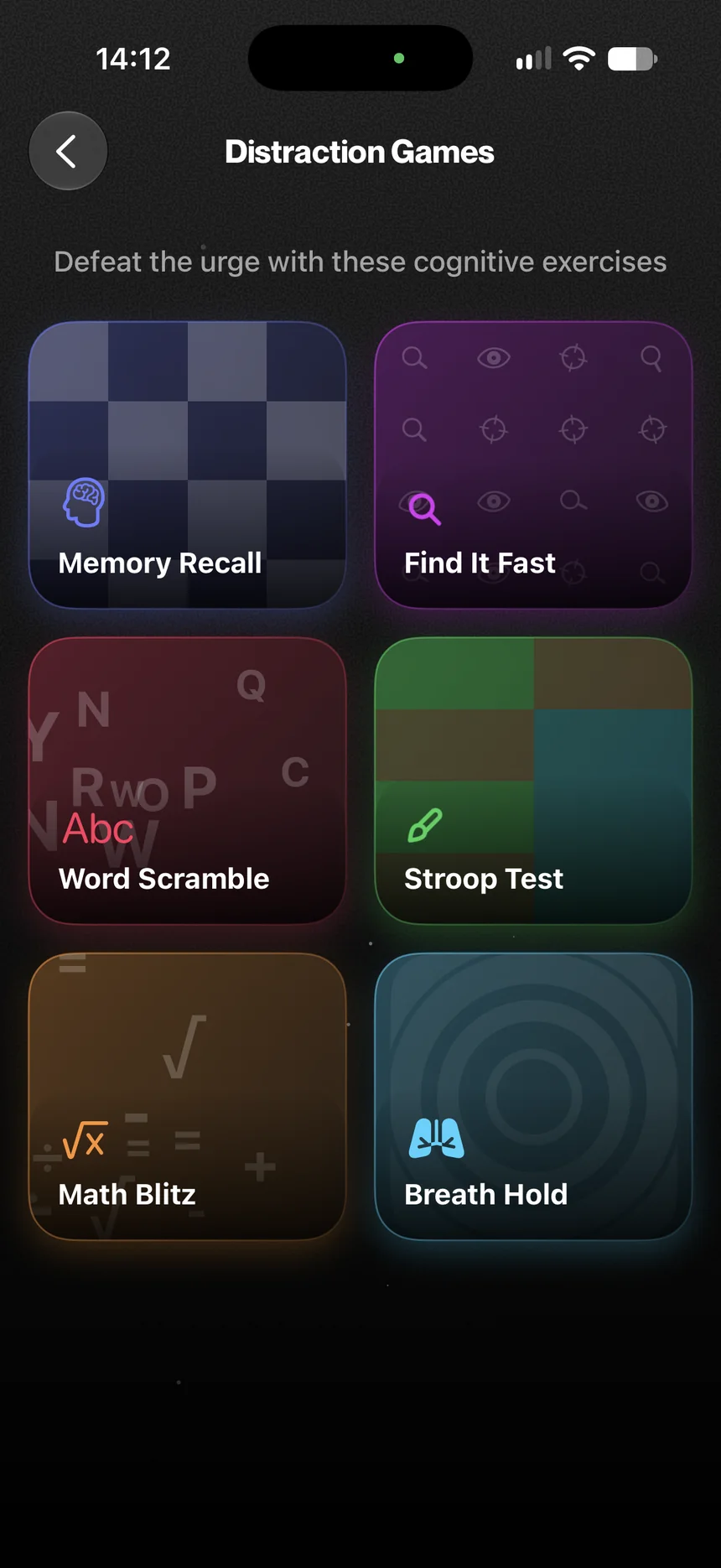 QUITTR Distraction Games: Memory Recall, Find It Fast, Word Scramble, Stroop Test, Math Blitz, Breath Hold