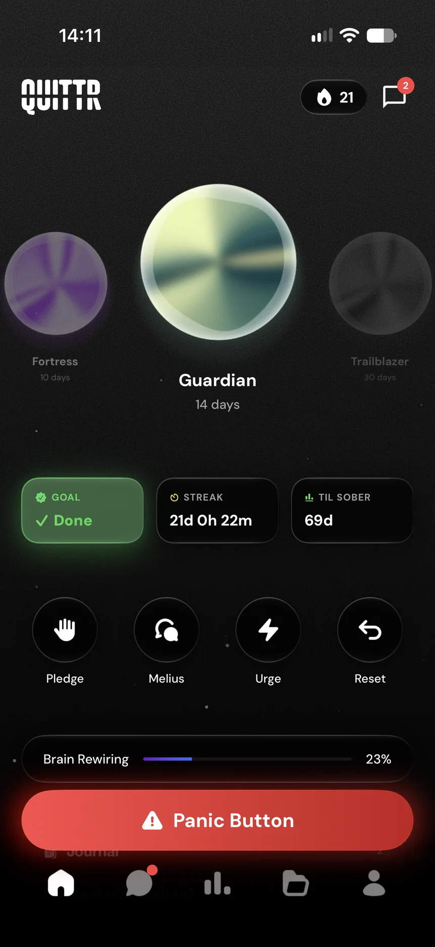QUITTR Home: the Guardian orb, streak counter and daily tools