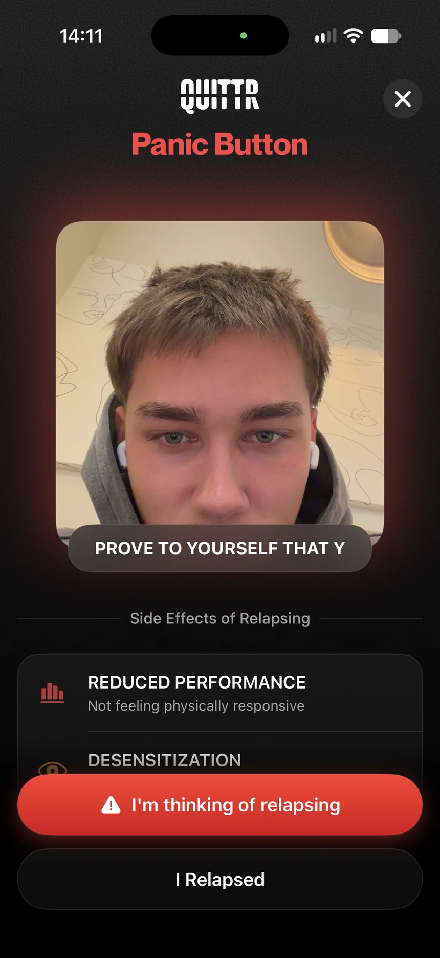 QUITTR Panic Button: the front camera and the side effects of relapsing