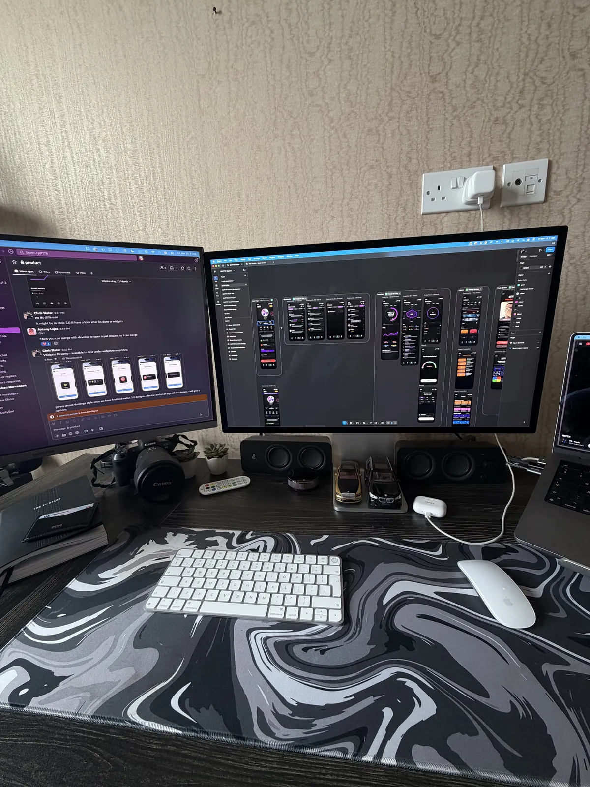 Chris’s desk with QUITTR screens open in Figma and the team’s Slack